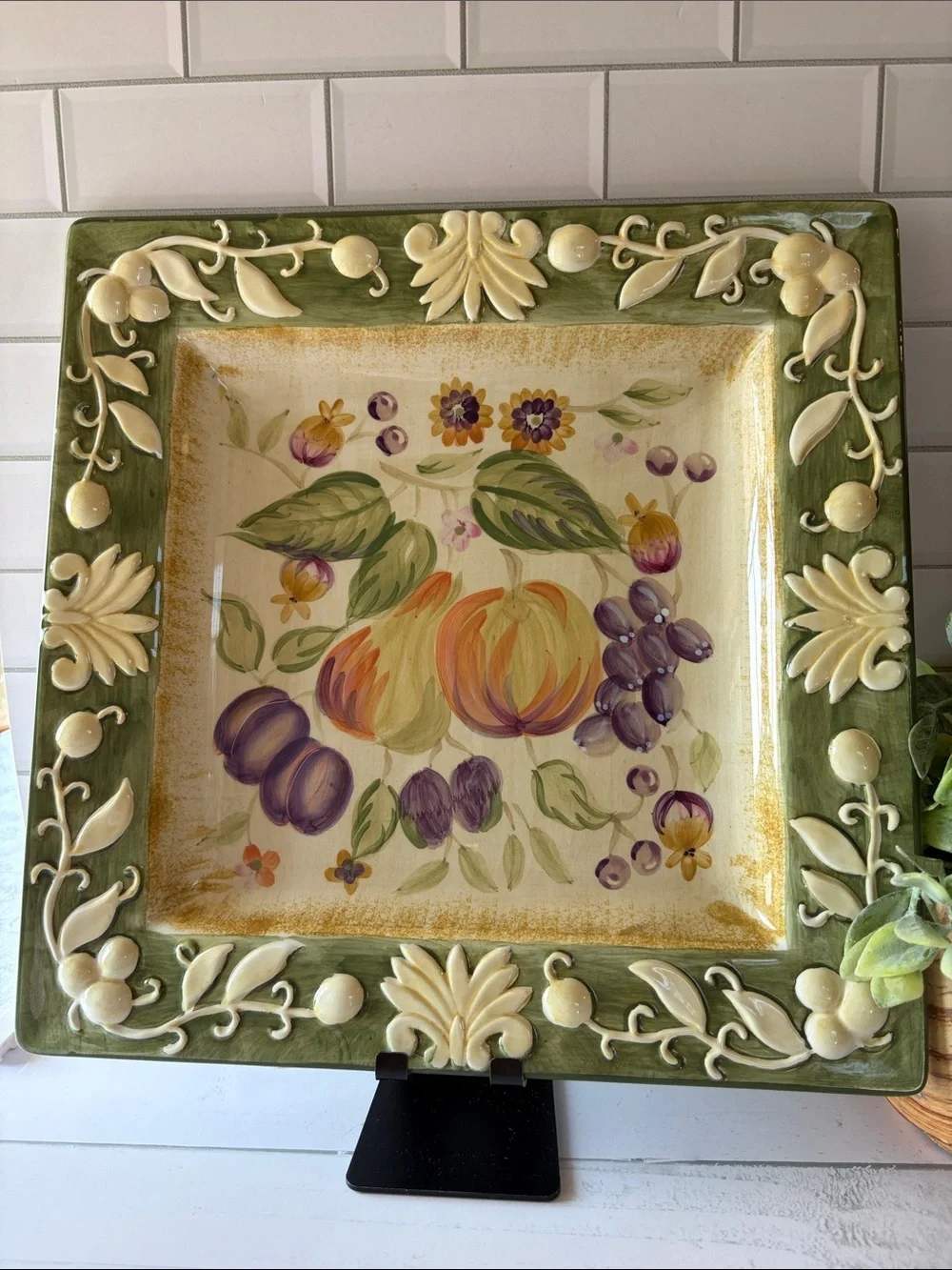 Hand-Painted Green Fruit Motif Square Serveware Platter